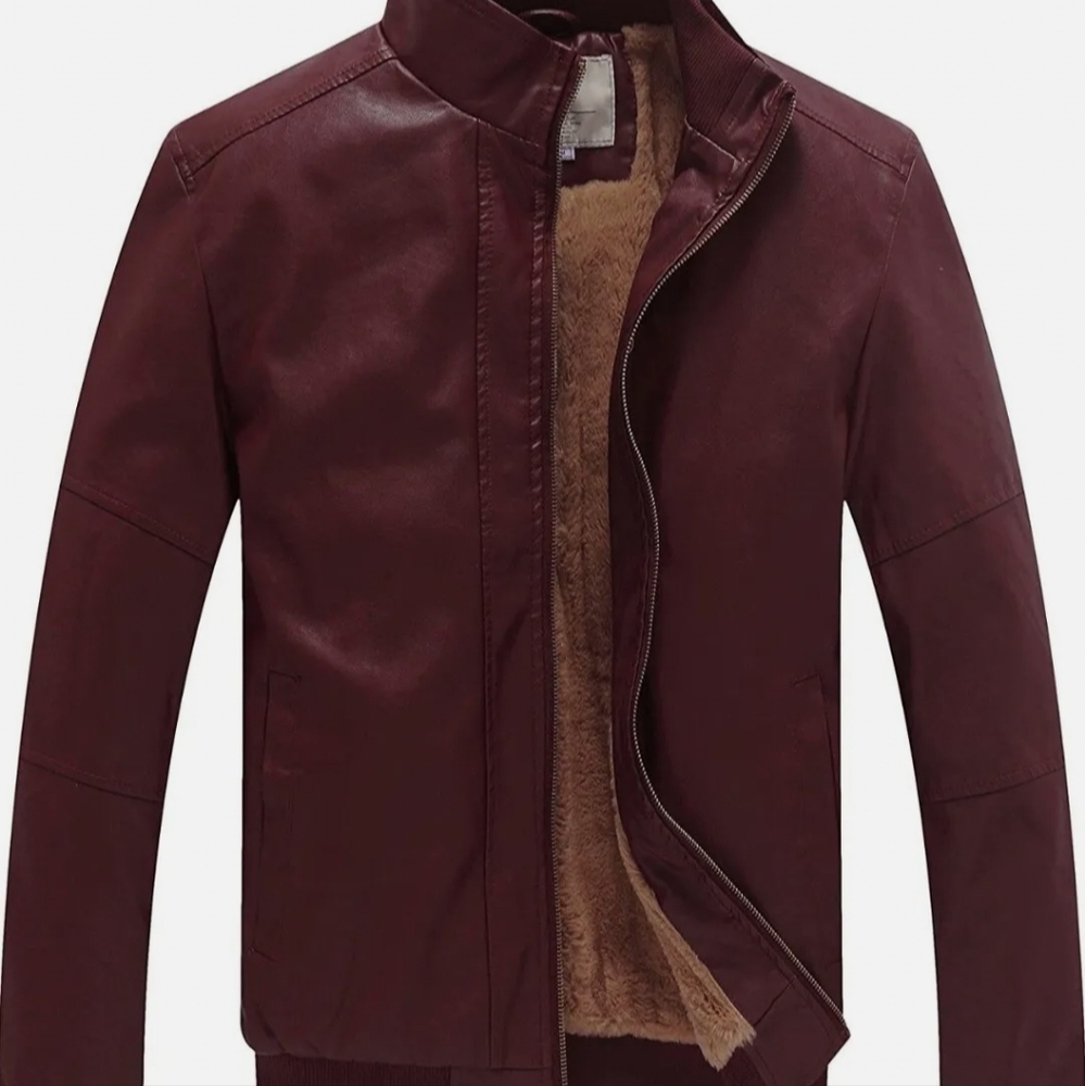 WenVen Men's SMALL Bomber Jacket Faux Leather Stand Collar Fleece Lined Outwear